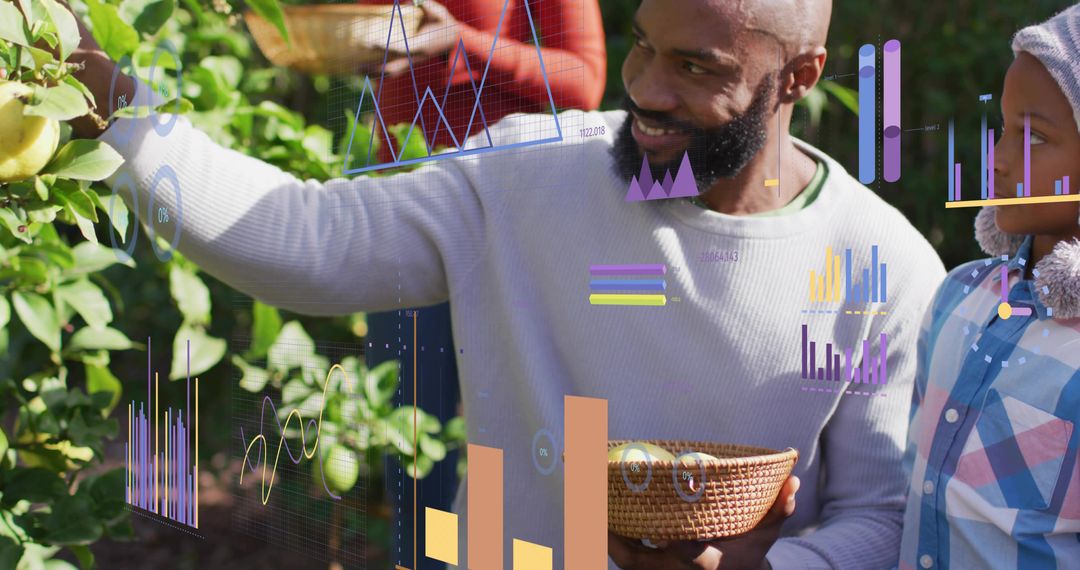 Family harvesting apples in backyard orchard with augmented data analytics overlay