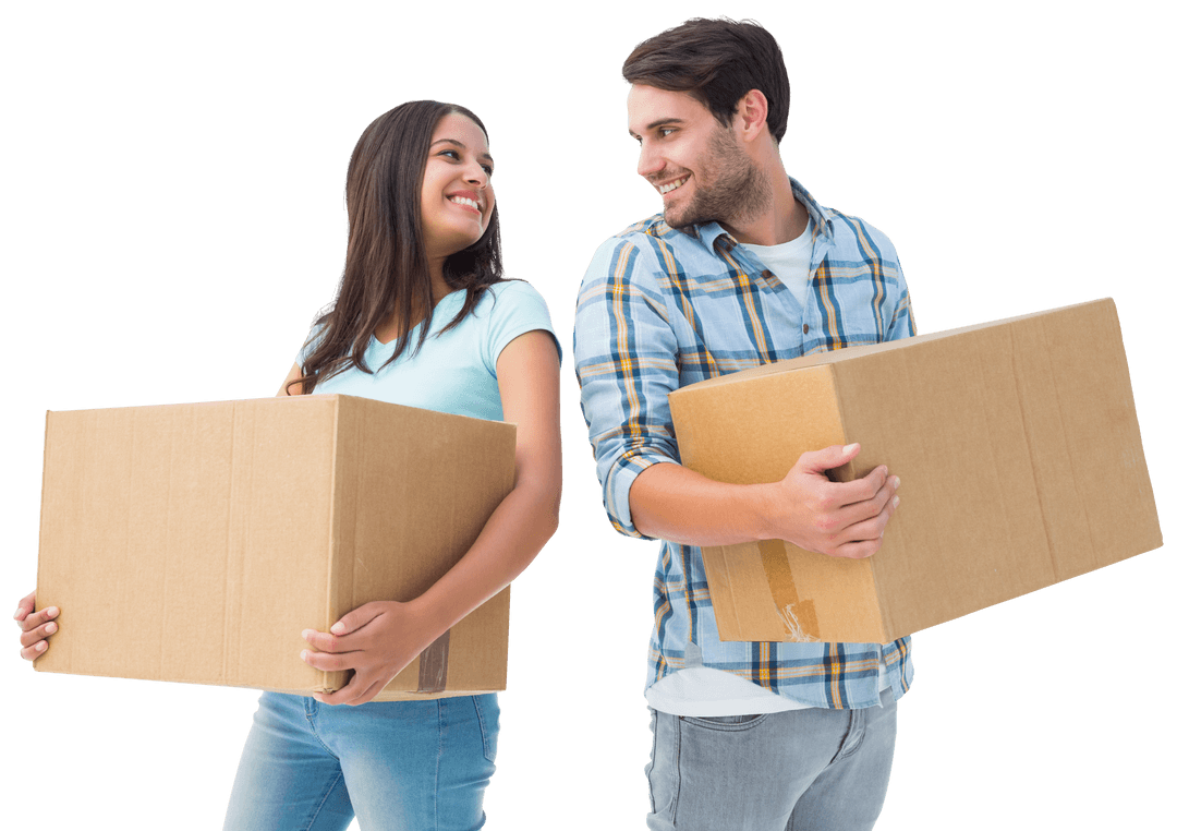 Transparent Smiling Couple Holding Cardboard Boxes for Moving