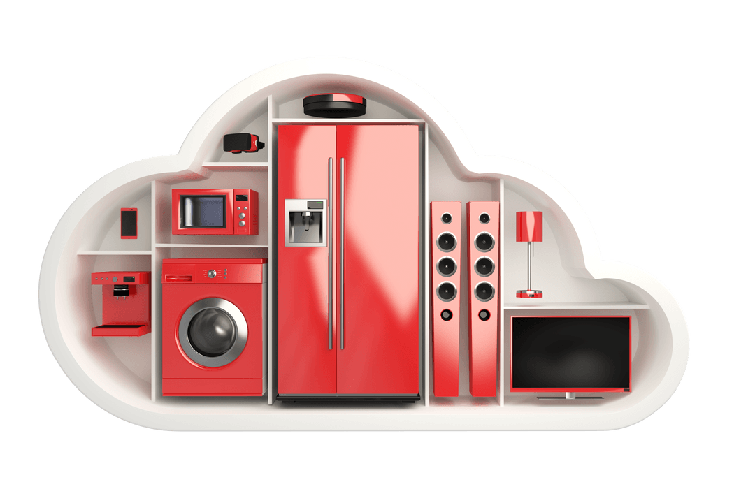 Red Home Appliances Set Displayed in White Cloud Shape Transparent Background