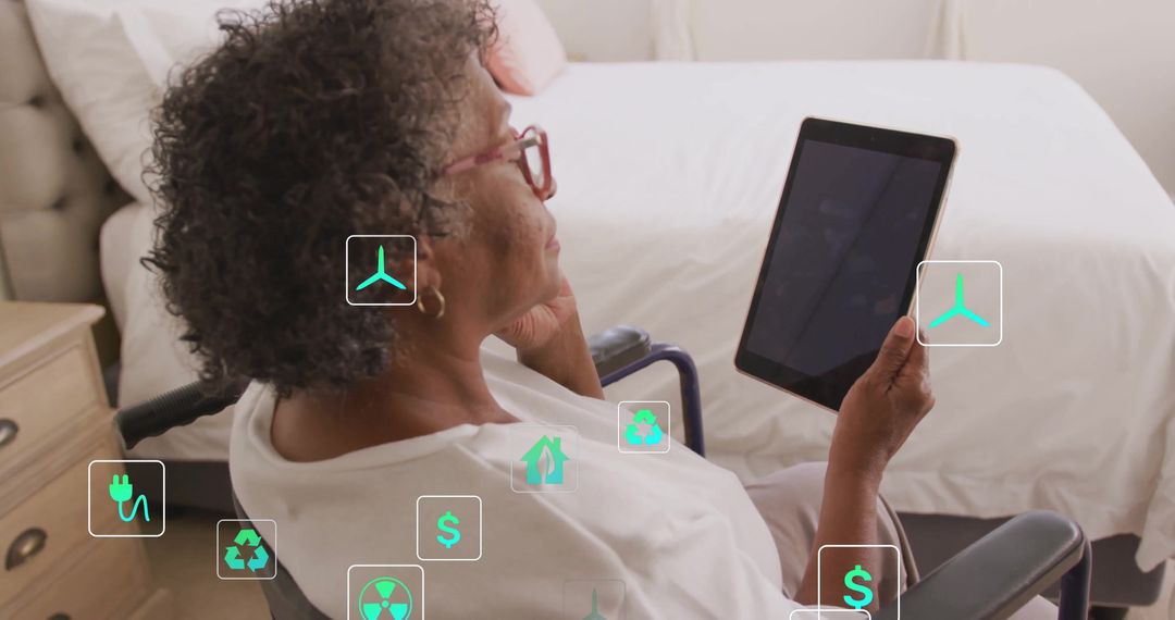 Senior Woman Using Tablet with Floating Eco Icons in Accessible Bedroom