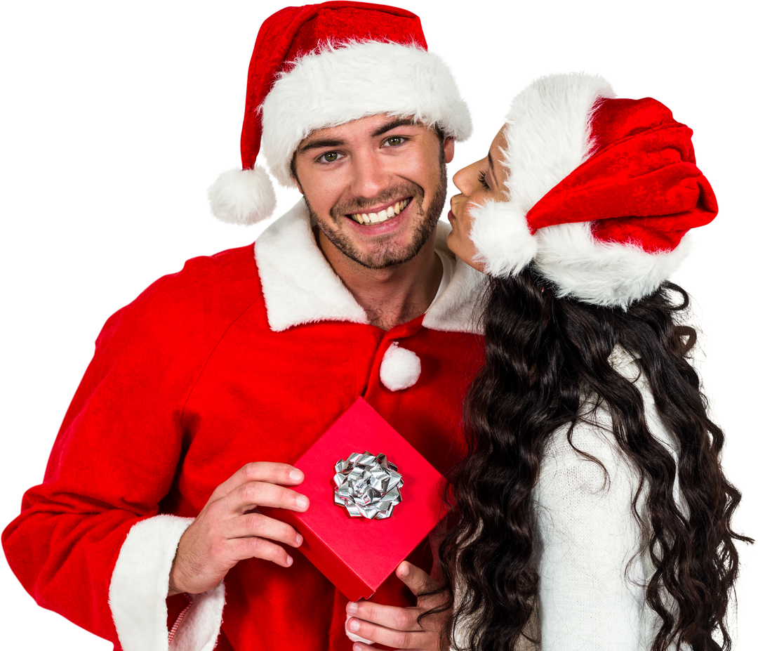 Happy Couple Wearing Christmas Hats Holding Red Gift Box Transparent - Download Free Stock Images Pikwizard.com