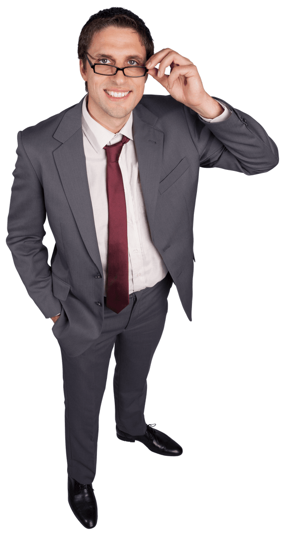Confident Businessman Adjusting Glasses on Transparent Background