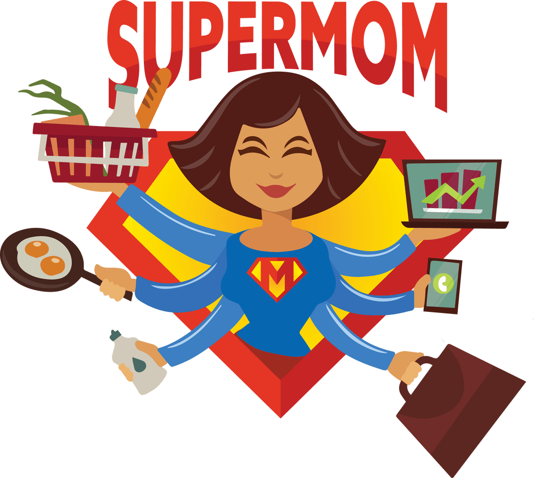 Supermom Illustration with Multiple Hands on Transparent Background