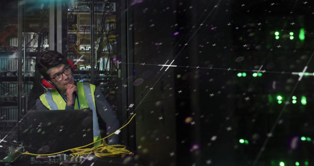 IT Engineer Analyzing Data in Network Server Room