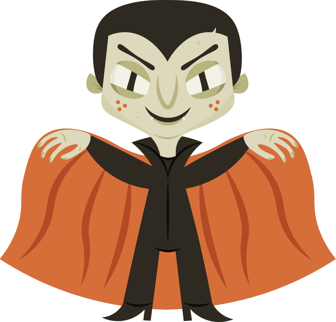 Cheerful Vampire Character with Orange Cape on Transparent Background