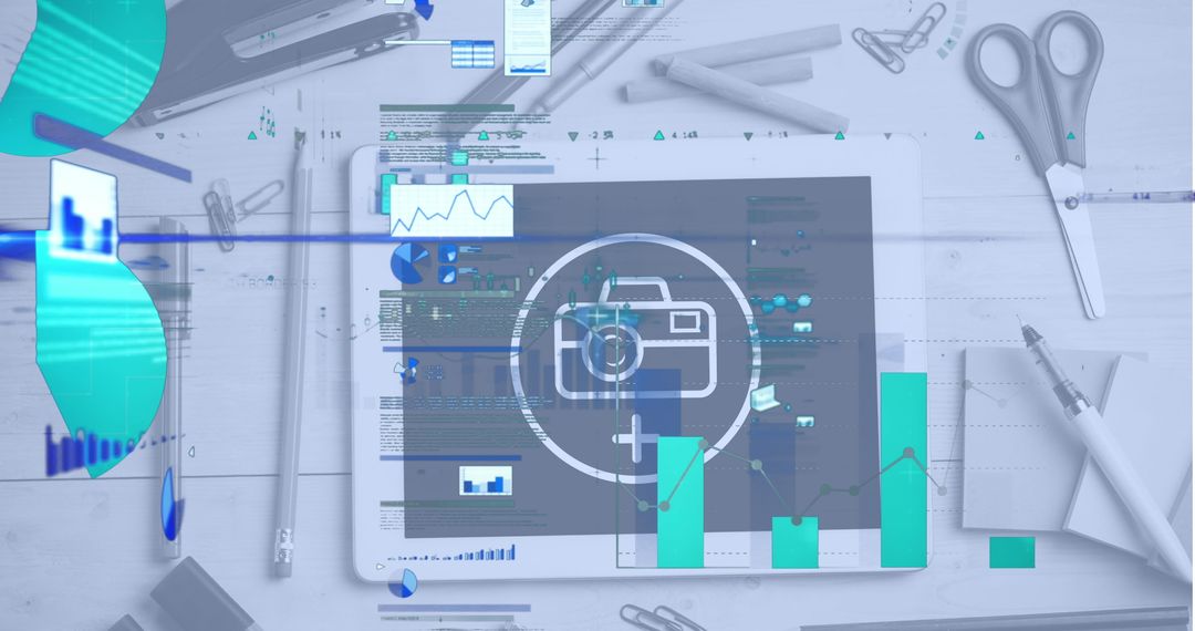 Infographic Interface on Tablet with Stationery for Digital Analysis