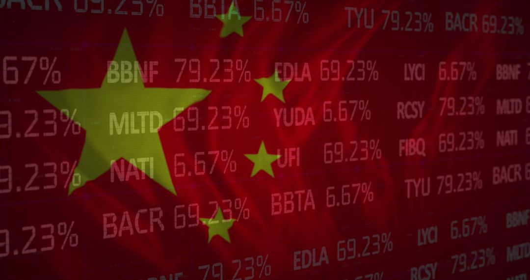 China Flag Overlaying Stock Market Data Emphasizing Global Economics