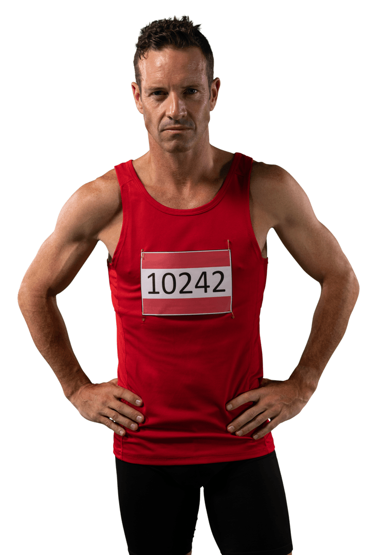 Serious Caucasian Athlete with Race Bib, Transparent Background