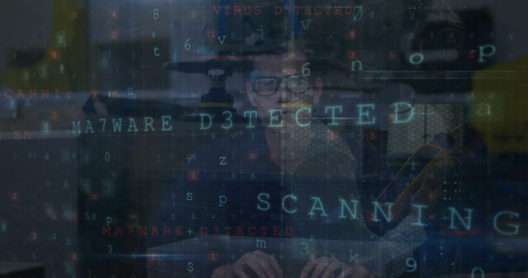 Cyber Attack Alert Overlapping Hacker Face with Digital Data