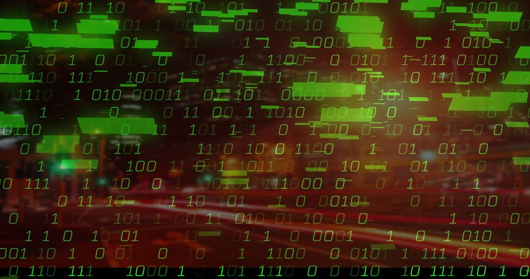 Digital Binary Overlay on Cityscape Background