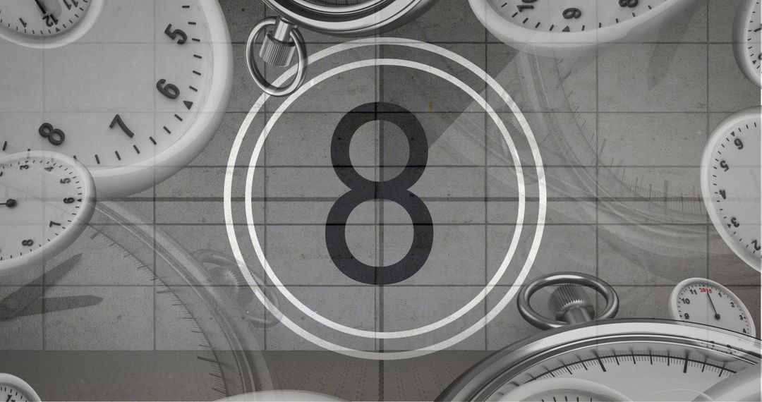 Vintage film countdown with overlapping clocks and watches