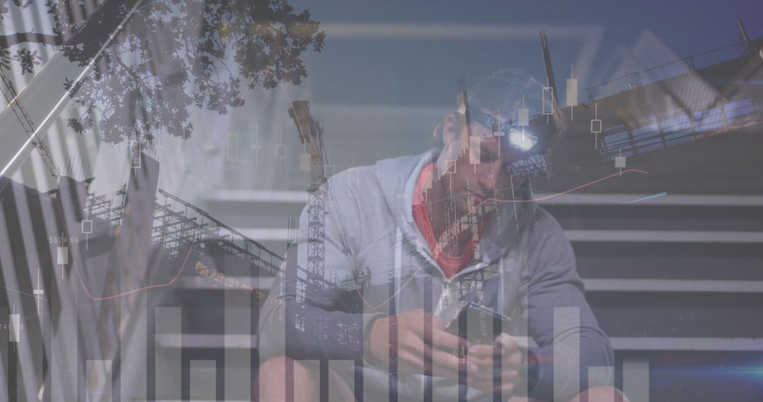 Businessman Analyzing Financial Data on Smartphone with Digital Graph Overlay