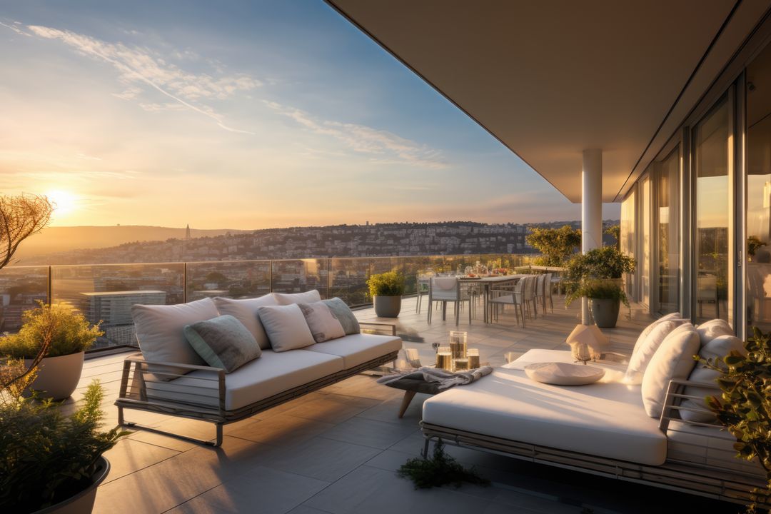 Luxury Rooftop Terrace at Sunset with Scenic City View - Free Images, Stock Photos and Pictures on Pikwizard.com