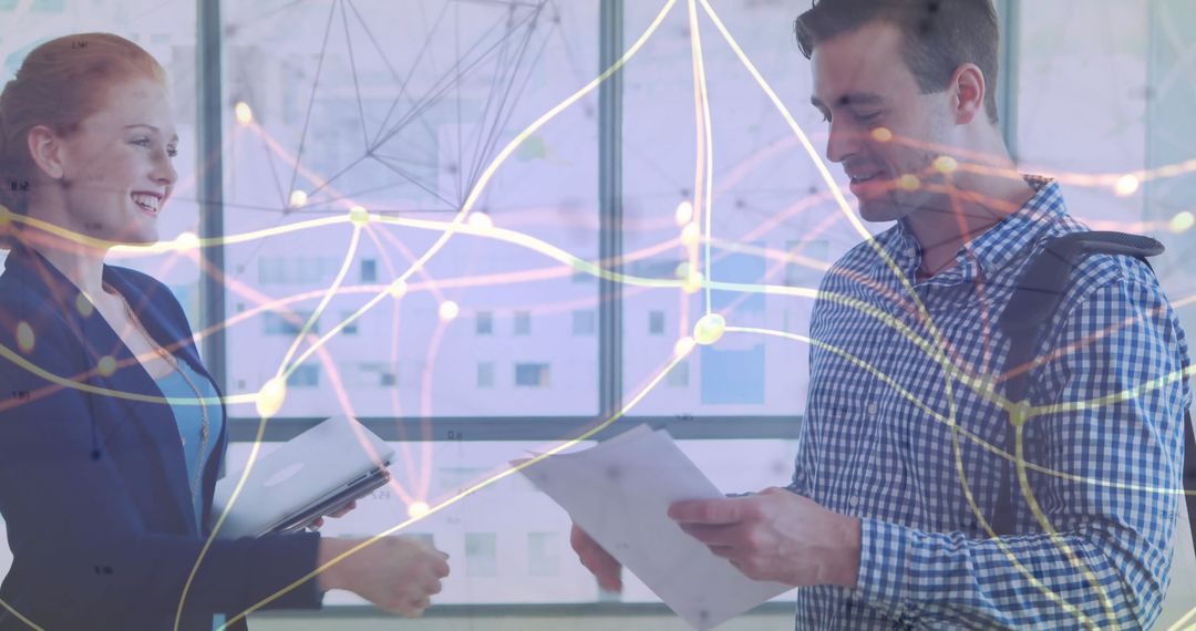 Business Professionals Interacting with Digital Network Overlay