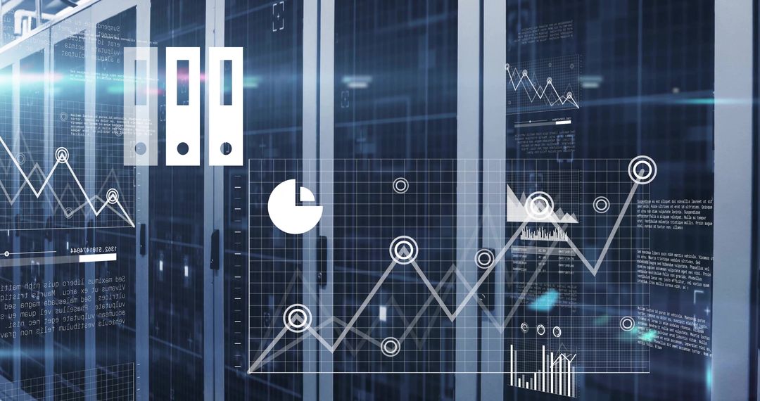 Futuristic Data Center with Servers and Digital Analytics Overlay