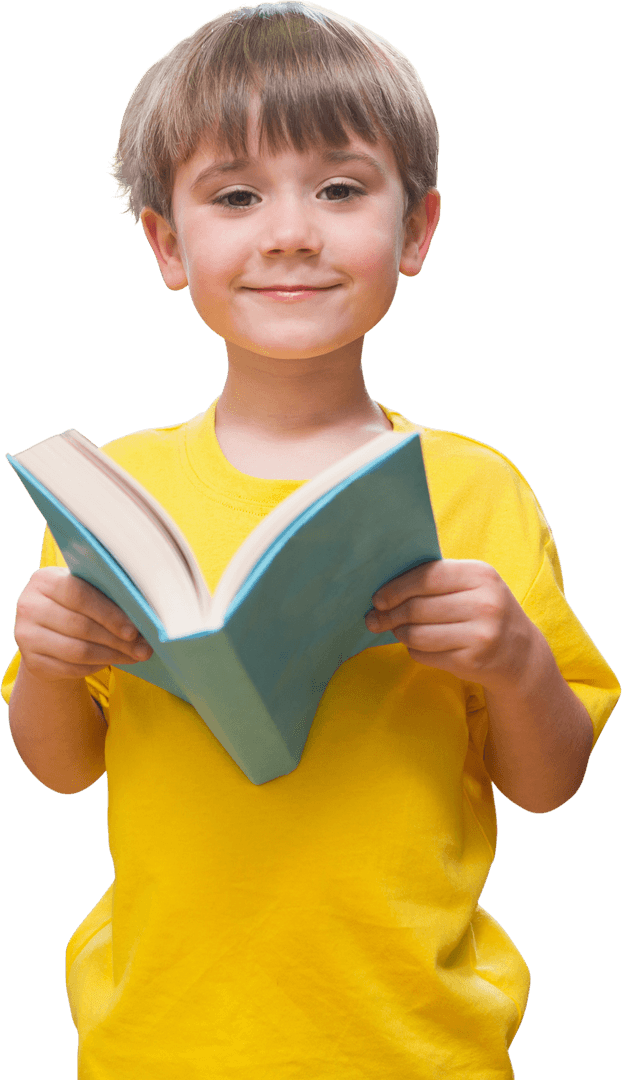 Happy Child Reading Book on Transparent Background