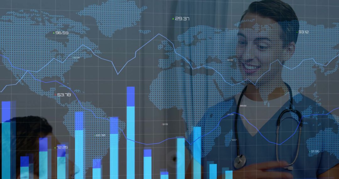 Smiling pediatrician monitoring child health with digital analytics and global data overlay