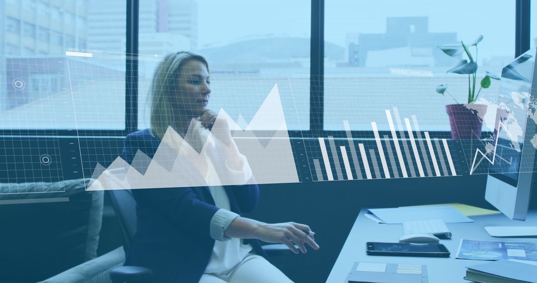 Businesswoman Analyzing Digital Data with Holographic Interface