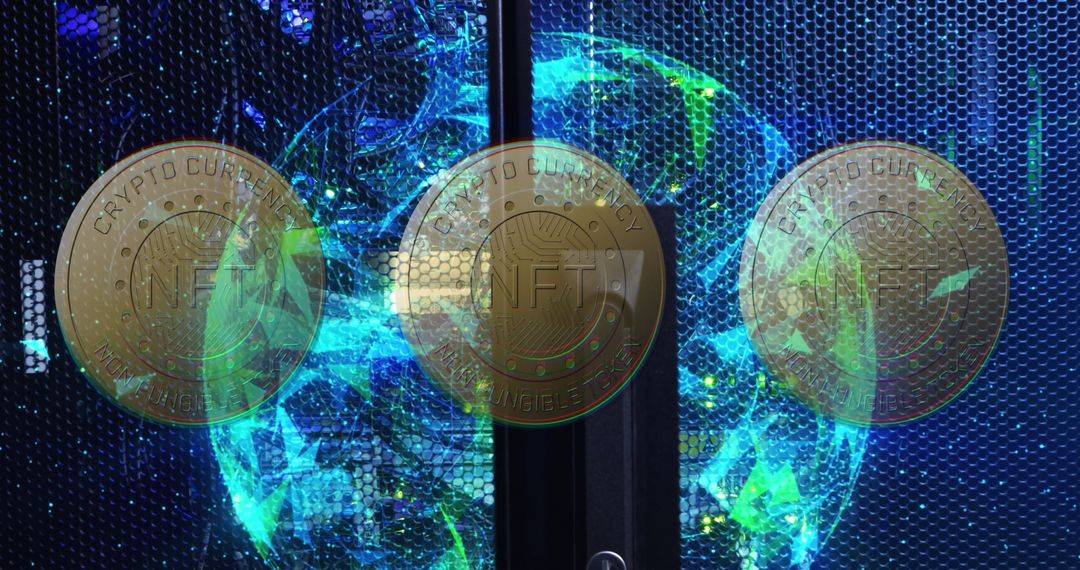 NFT Coins Overlaid on Digital Globe with Shimmering Data Server