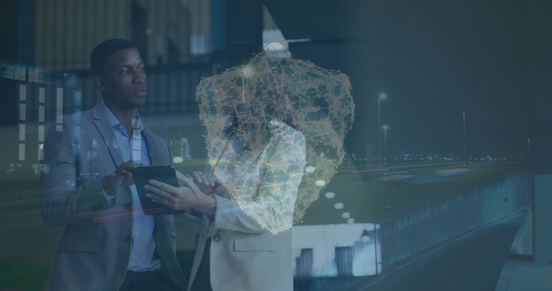 Innovative Professionals Interacting with Futuristic Shield Icon