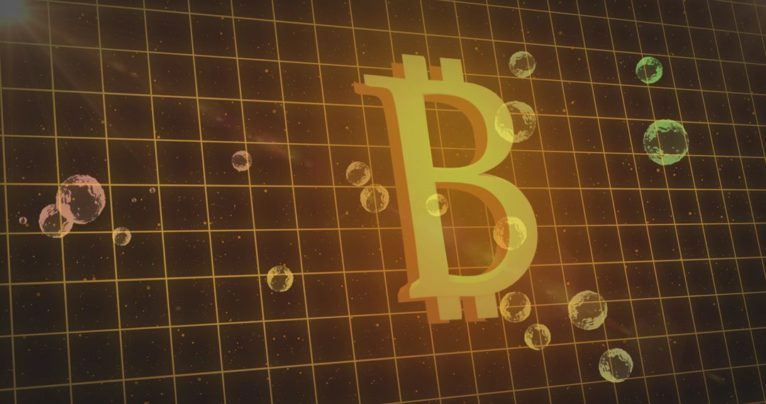 Bitcoin Symbol Amidst Floating Bubbles and Network Grid