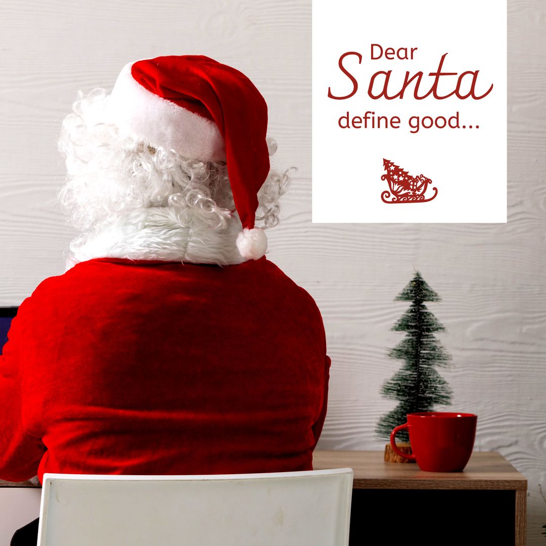 Rear View of Santa Claus at Desk with Coffee Mug during Christmas - Download Free Stock Templates Pikwizard.com