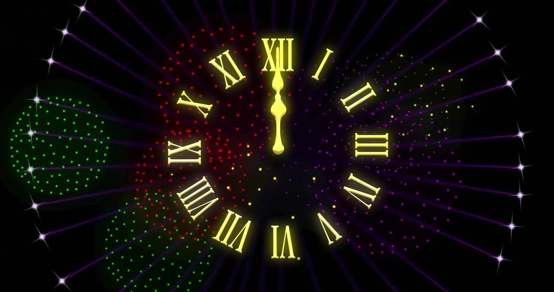 Midnight Clock and Colorful Fireworks for New Year's Celebration