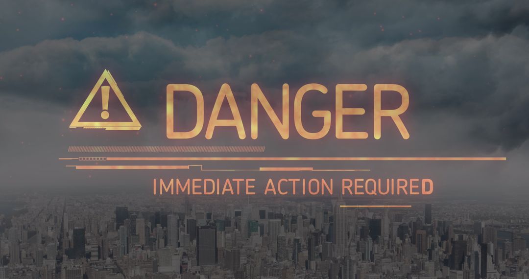 Urgent Danger Alert Over Cityscape with Storm Clouds