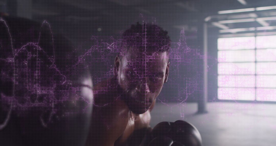 Male Boxer Training in High-Tech Environment with Digital Effects