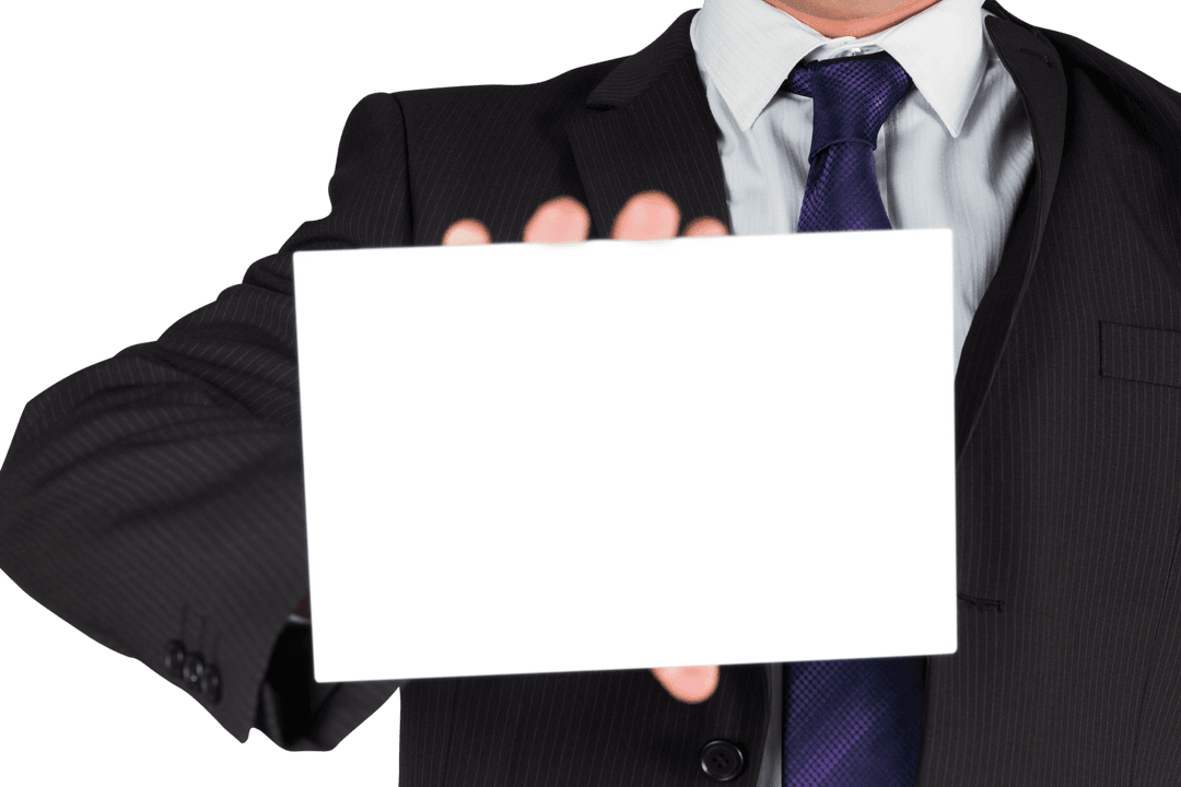 Businessman Displaying Blank Tablet on Transparent Background