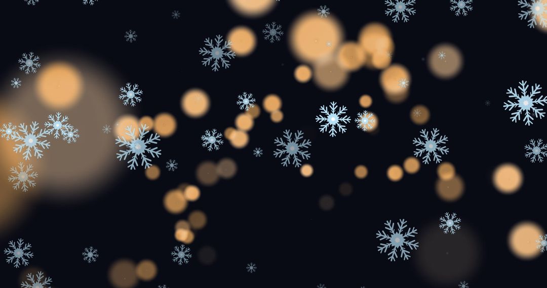 Floating Snowflakes and Warm Bokeh Lights on Dark Background