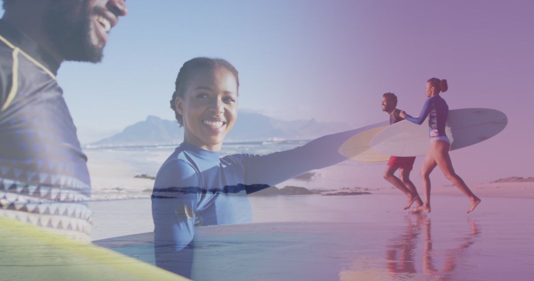 Happy Couple with Surfboards by the Seaside