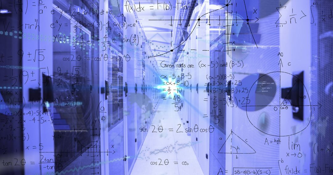 Mathematical Equations Overlay Server Room Technology Concept