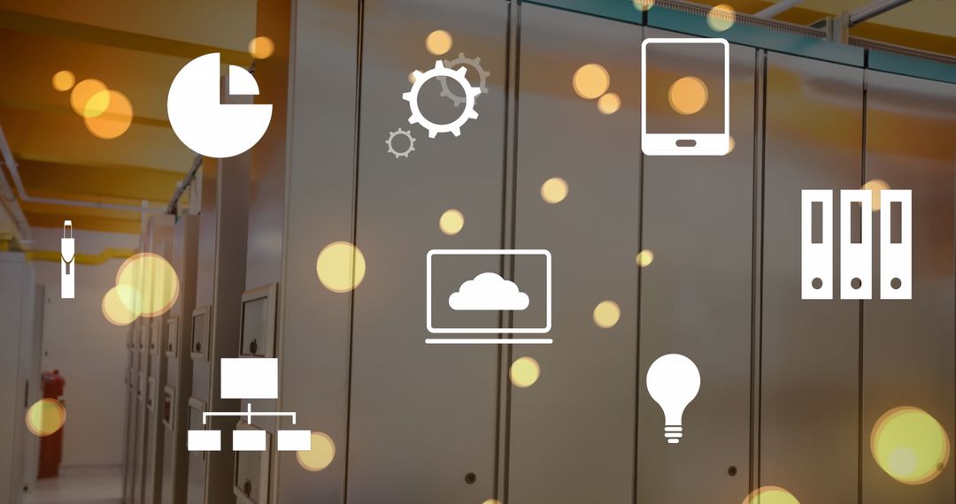 Futuristic Data Technology Icons Over Modern Server Room