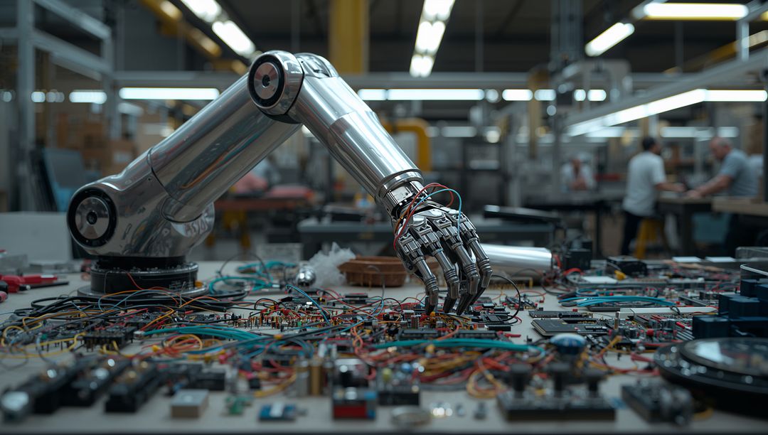 High-Precision Robotic Arm Reaching Over Electronics Bench Assembling PCBs for Mechatronics R&D