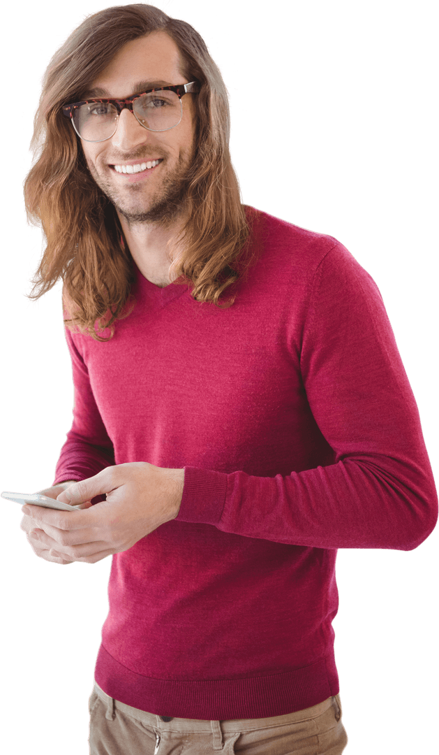 Transparent Hipster Man With Mobile Phone Smiling Joyfully