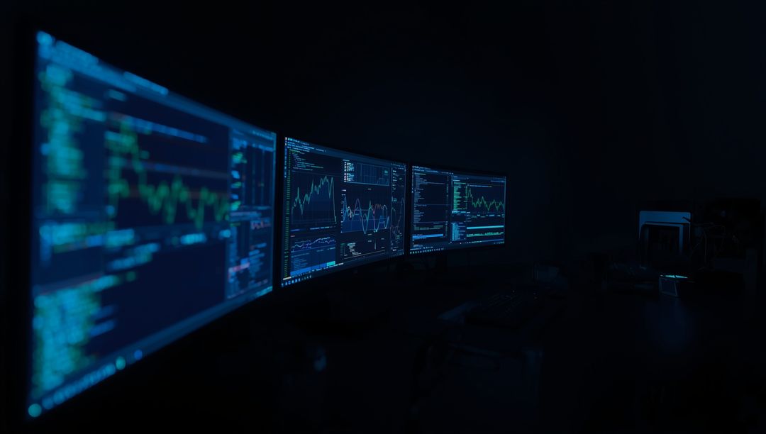 Monitors Displaying Code and Graphs in Dark Home Office Setting