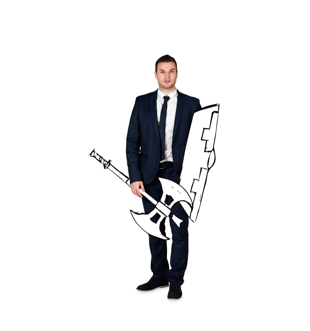 Caucasian Businessman Holding Cartoon Axe and Shield on Transparent Background - Download Free Stock Images Pikwizard.com