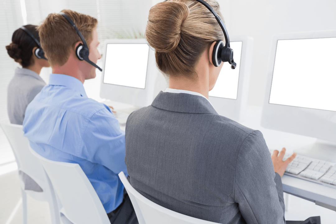 Transparent Team Using Headsets in Modern Workspace