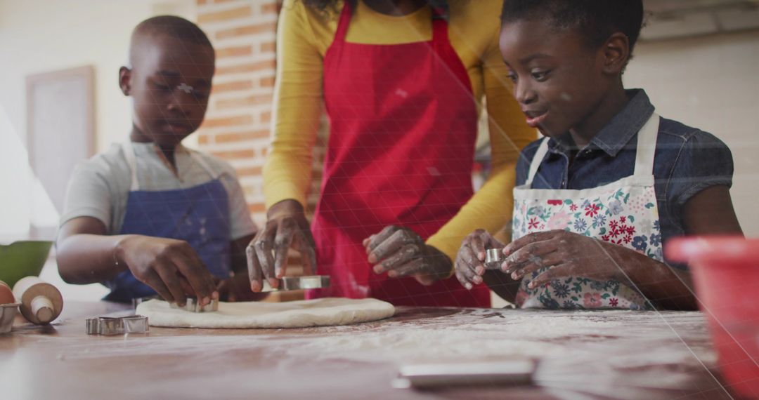 Family Baking Together: Kids Using Cookie Cutters on Flour-Dusted Countertop with Mom