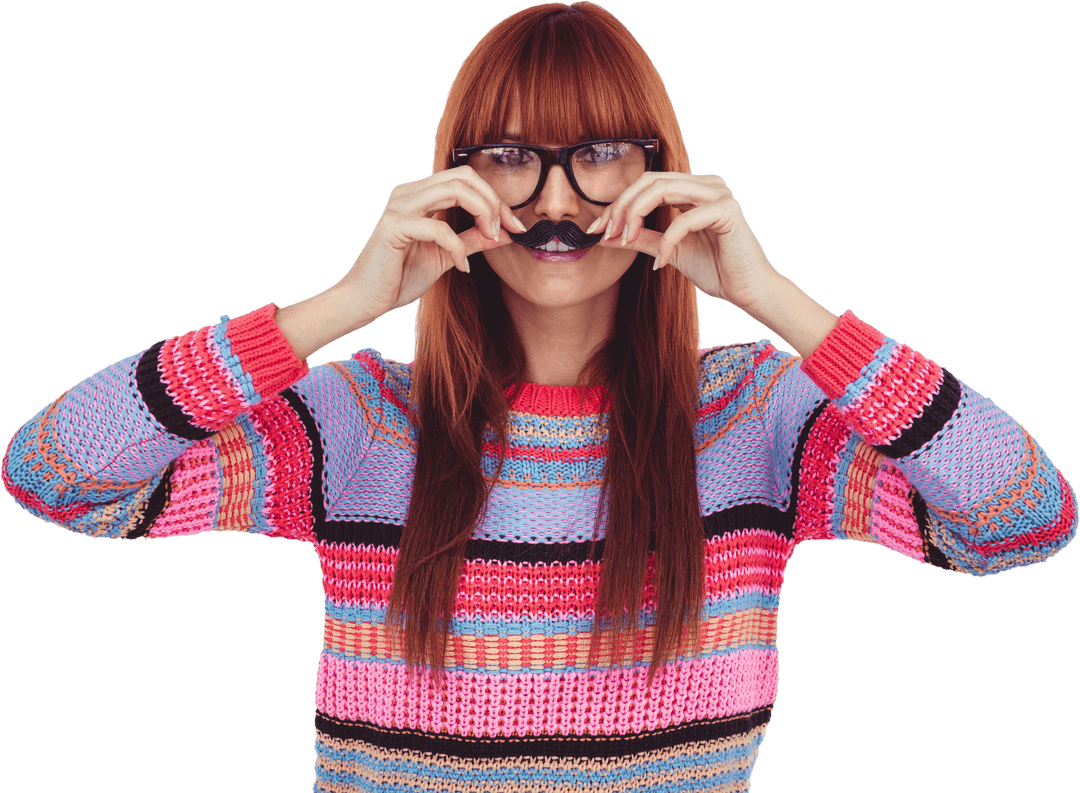 Smiling Hipster Woman Posing with Fake Eyeglasses Mustache Cutout on Transparent Background