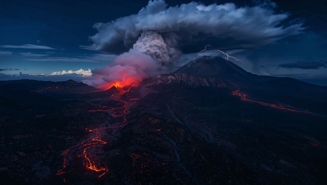 Volcanic Eruption at Night with Ash Plume and Lava Flows