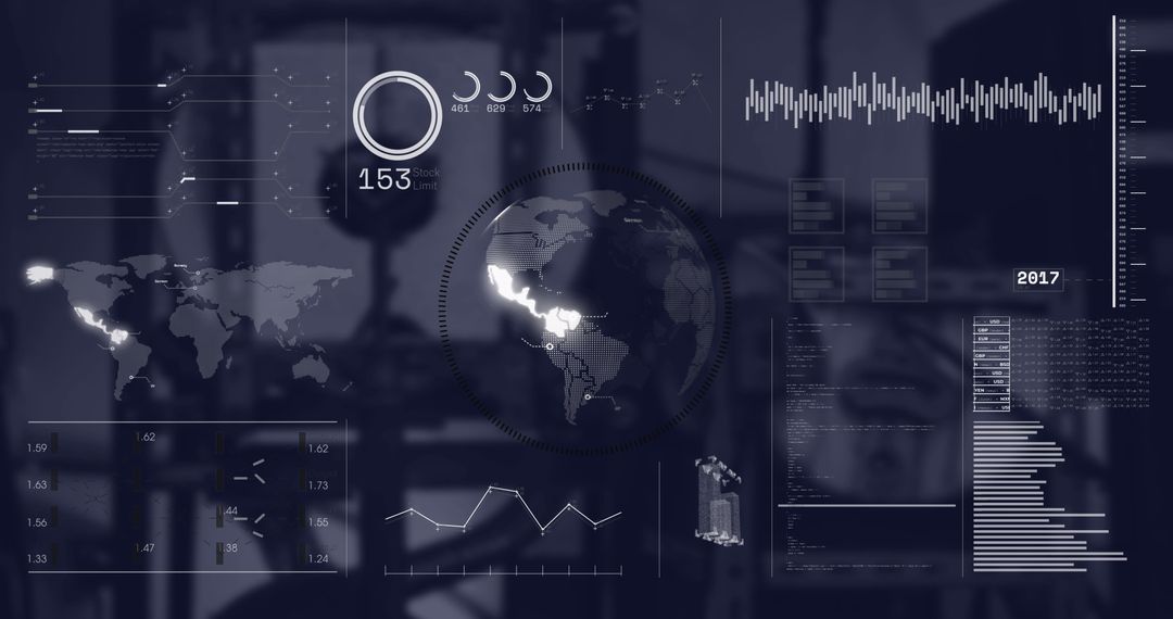 Global Data Processing Interface in Dark Modern Office