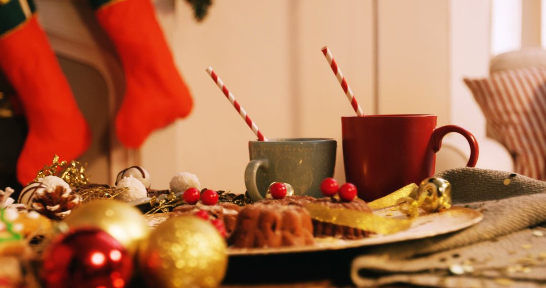 Cozy Christmas setting with mugs and holiday decorations - Free Images, Stock Photos and Pictures on Pikwizard.com