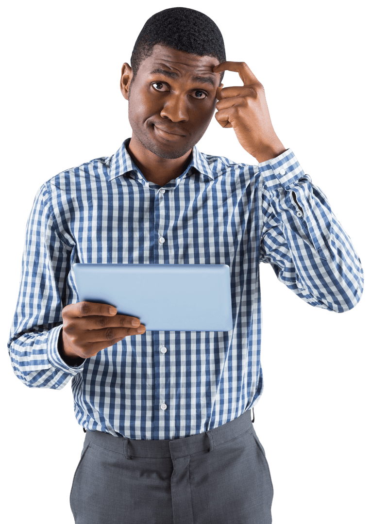 Transparent Businessman Holding Tablet with Puzzled Expression