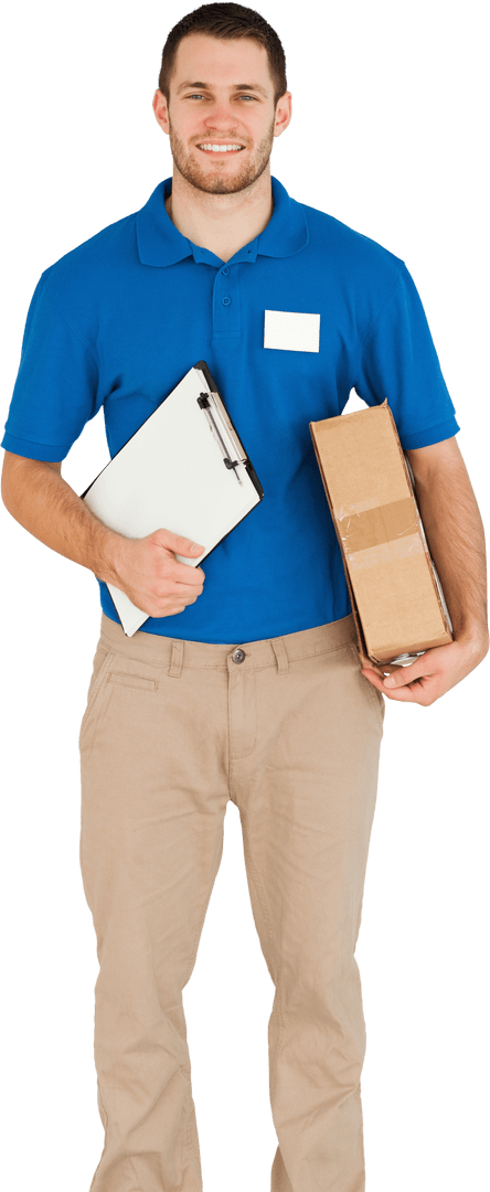 Transparent Delivery Professional Holding Package and Clipboard