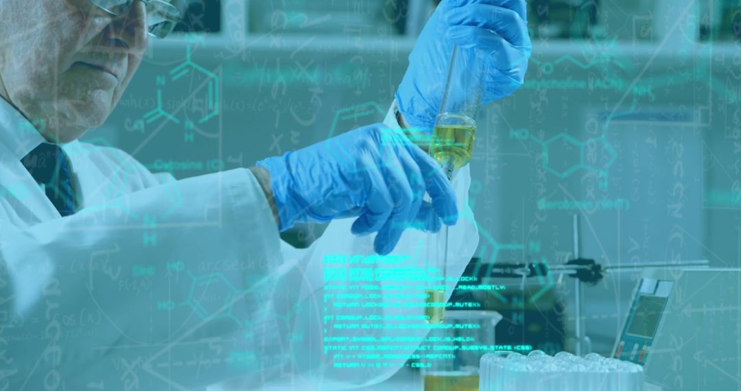 Elderly Scientist Analyzing Chemical In Laboratory Using Advanced Digital Interface