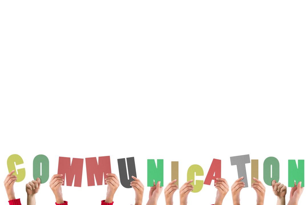 Hands holding communication text on transparent background