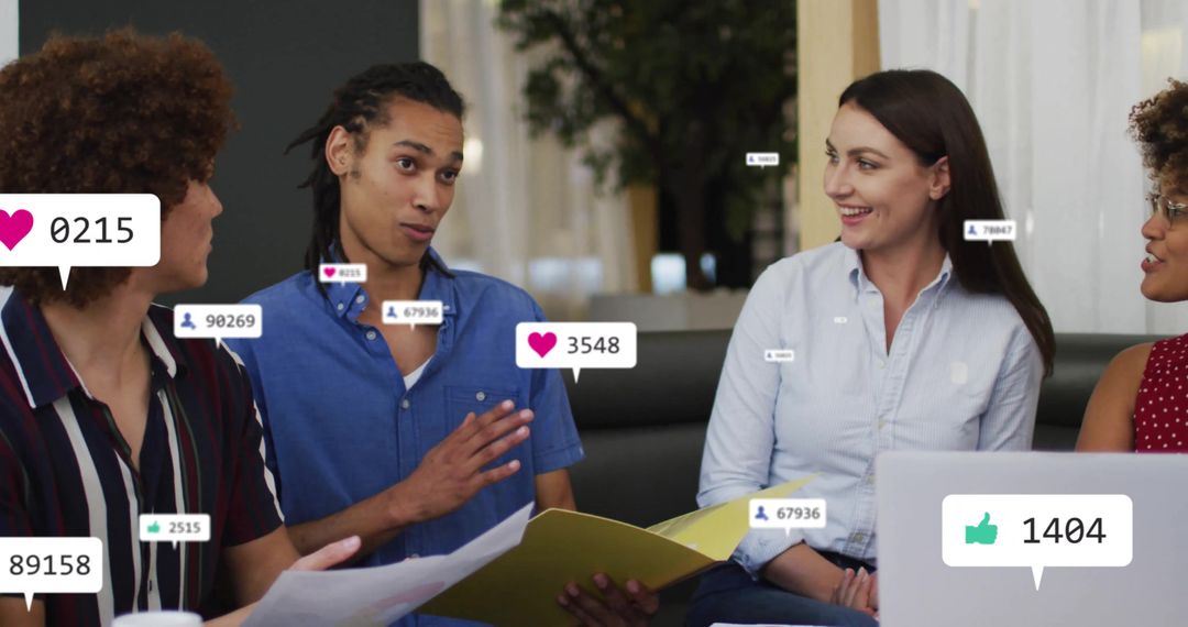 Diverse Team in Discussion with Social Media Interaction Icons