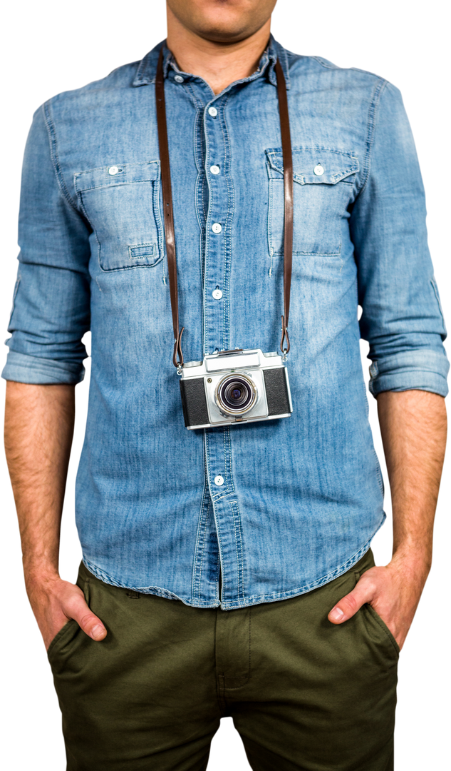 Transparent Hipster Man Wearing Denim Shirt with Vintage Camera - Download Free Stock Images Pikwizard.com